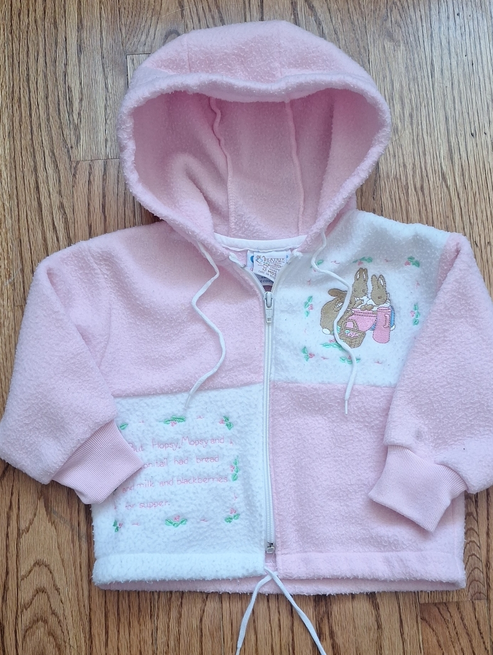 VTG Beatrix Potter Quiltex Pink & White Hooded Bunny Full Zip Fleece Jacket 12mo